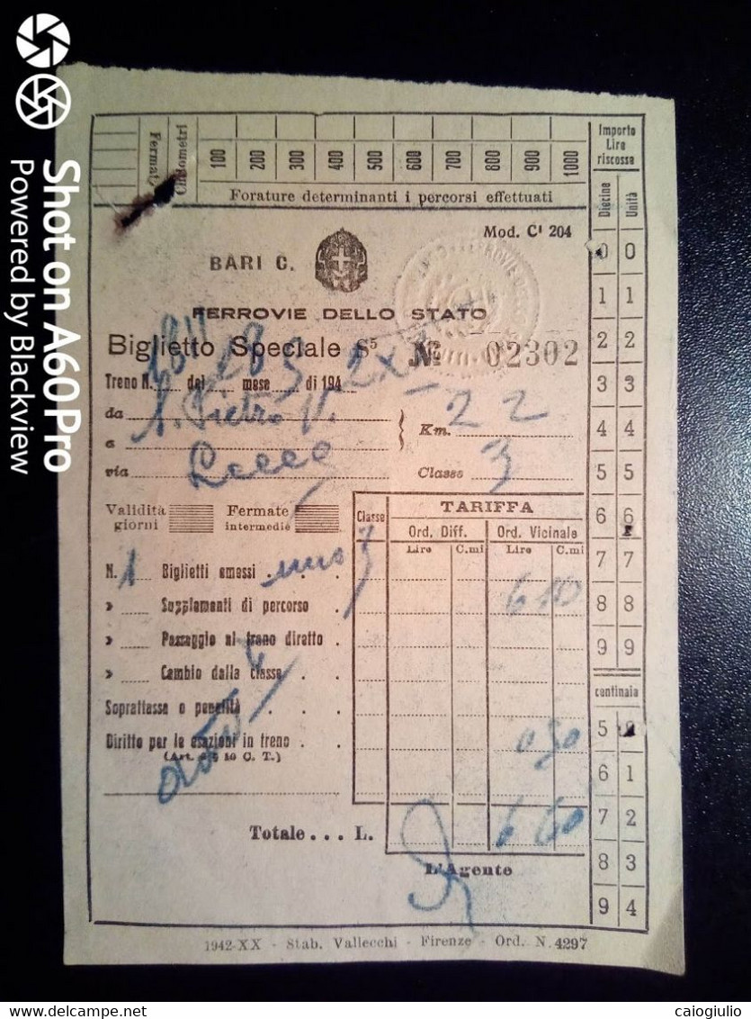 BIGLIETTO SPECIALE - TICKET F.S. - FERROVIE DELLO STATO - SAN PIETRO VERNOTICO  LECCE 3a CL - 1942 - Europa