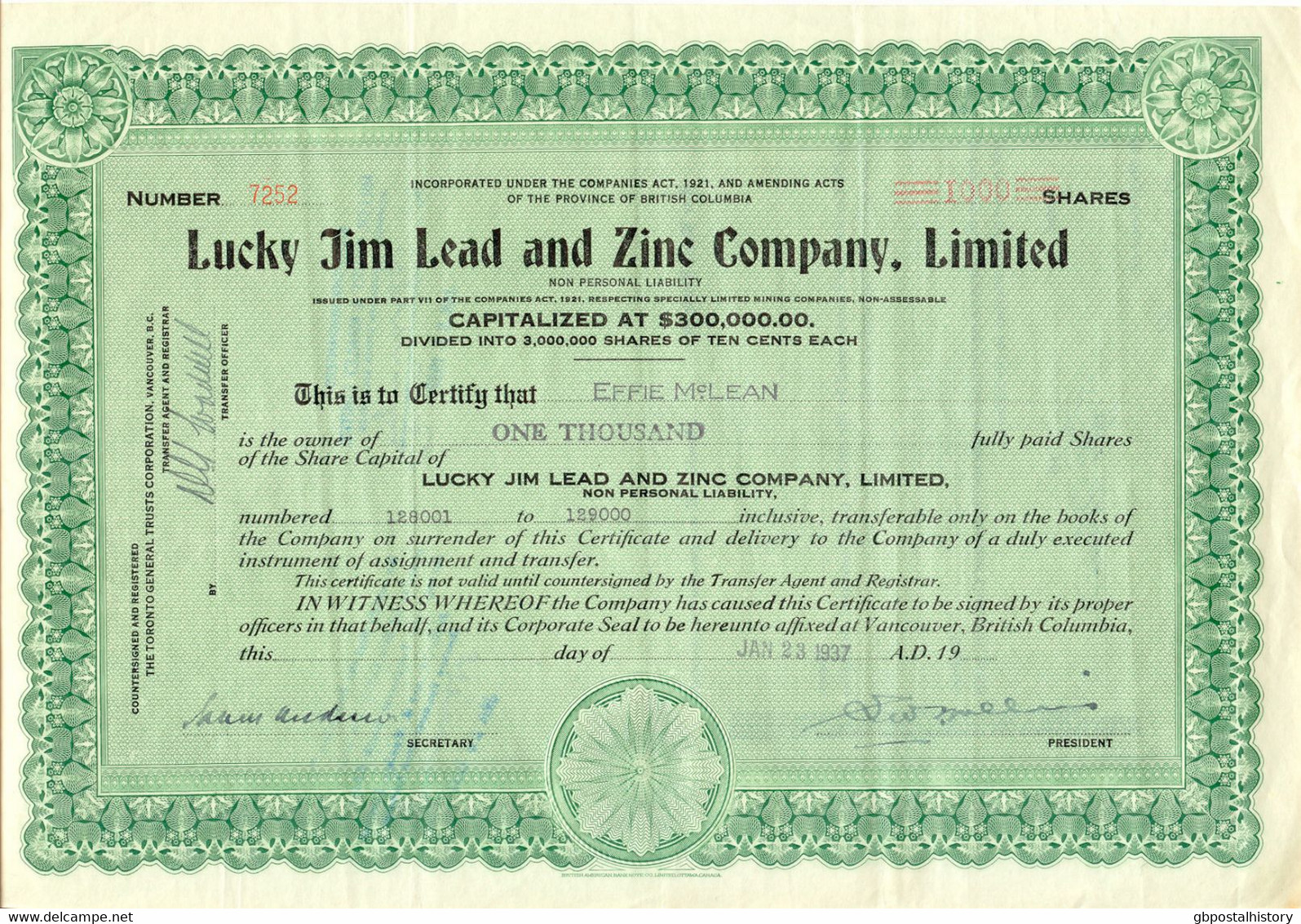 CANADA 1937 LUCKY JIM LEAD AND ZINC COMPANY Ltd., Zertifikat über 1.000 Gründer - Mines