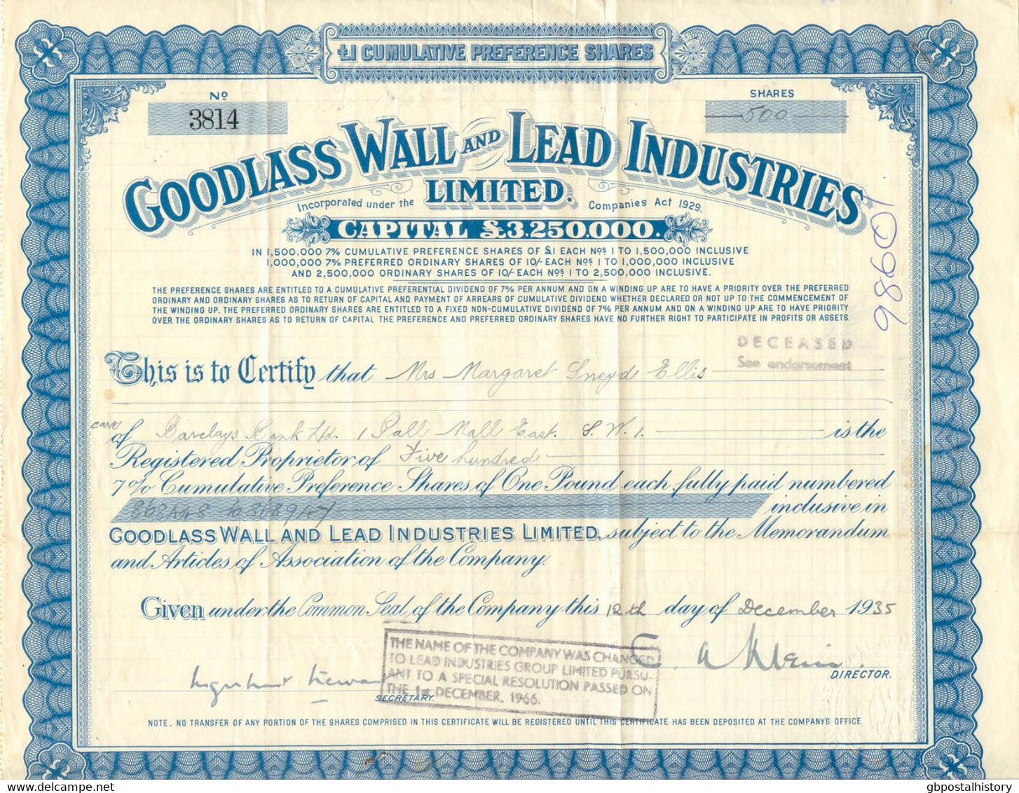 UNITED KINGDOM 1935 GOODLASS WALL AND LEAD INDUSTRIES Ltd., Certificate Over 500 Shares - Mines
