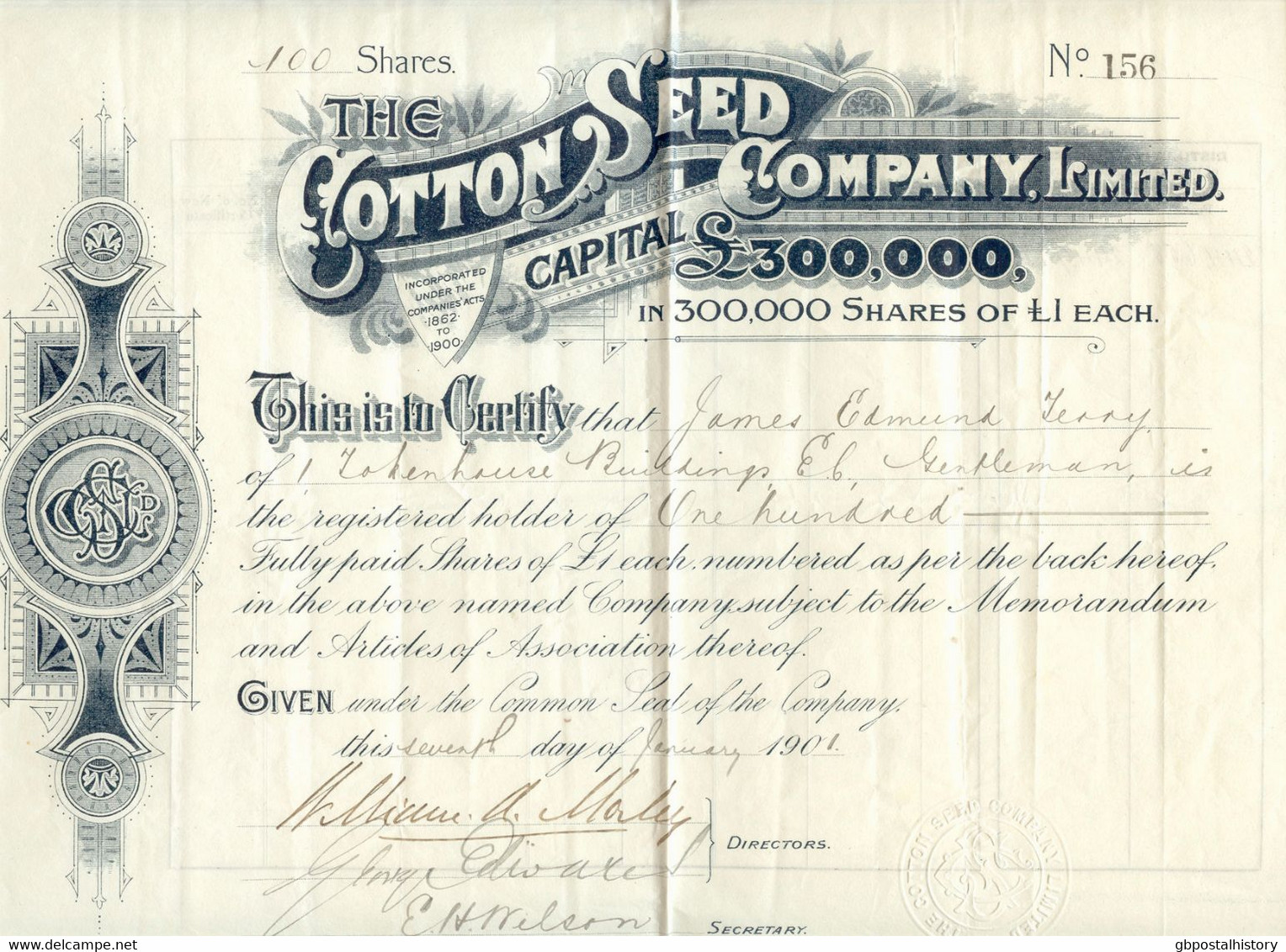 UNITED KINGDOM 1901 THE COTTON SEED COMPANY Ltd., London, Certificate No. 156 - Agricultura