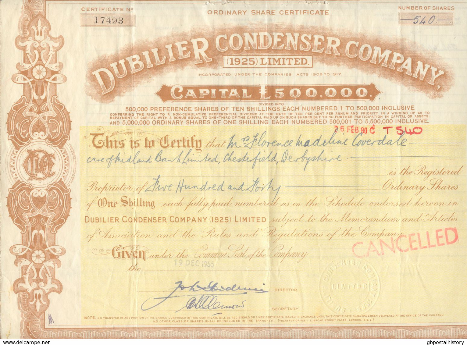 UNITED KINGDOM 1955, DUBILIER CONDENSER COMPANY, (1925) Ltd., London, Certificate - Autres & Non Classés