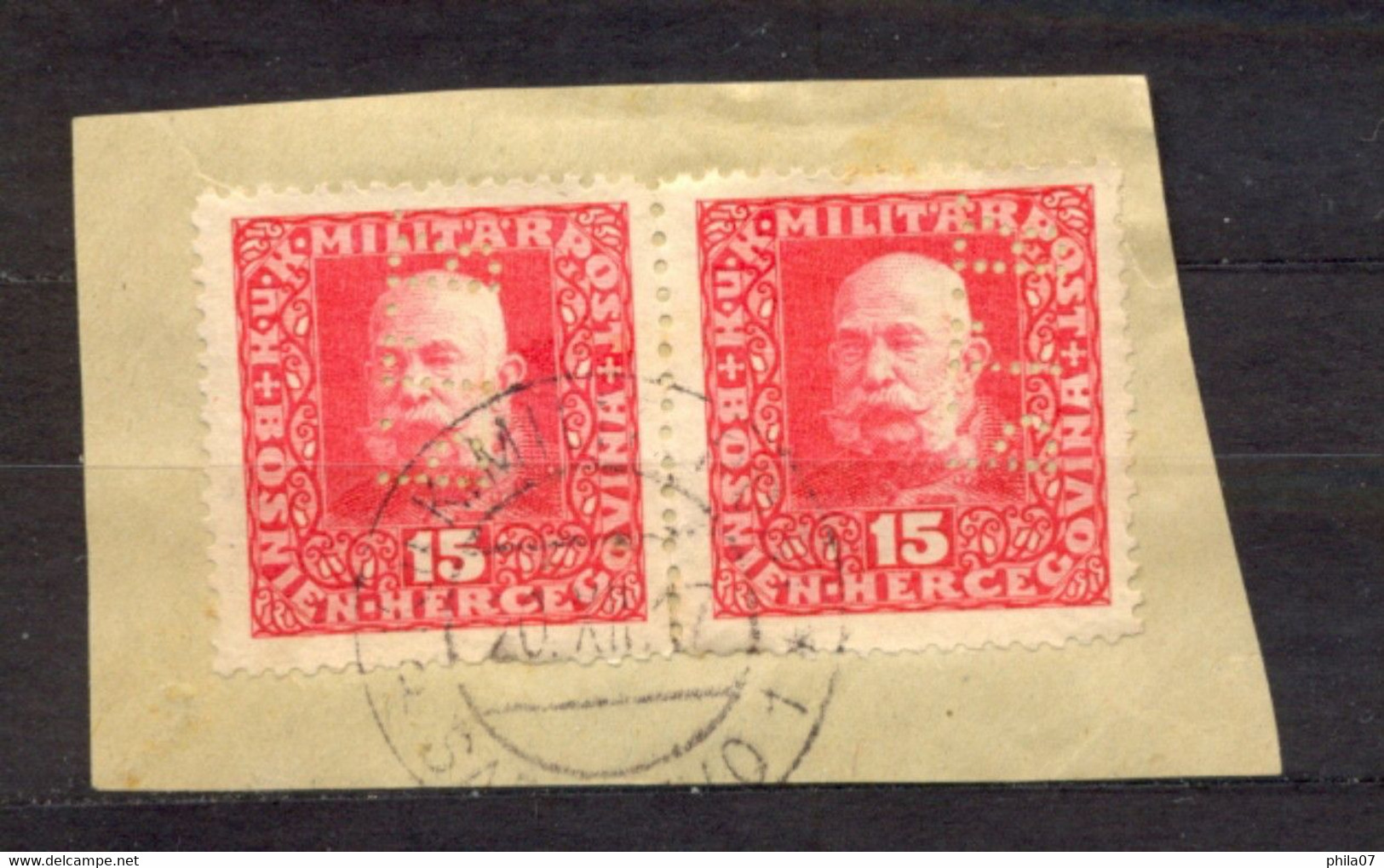 BOSNIA AND HERZEGOVINA - 15 H, Perfin PLB  (Privilegierte Landes Bank), Fragment With Two Stamps In Pair - Bosnie-Herzegovine