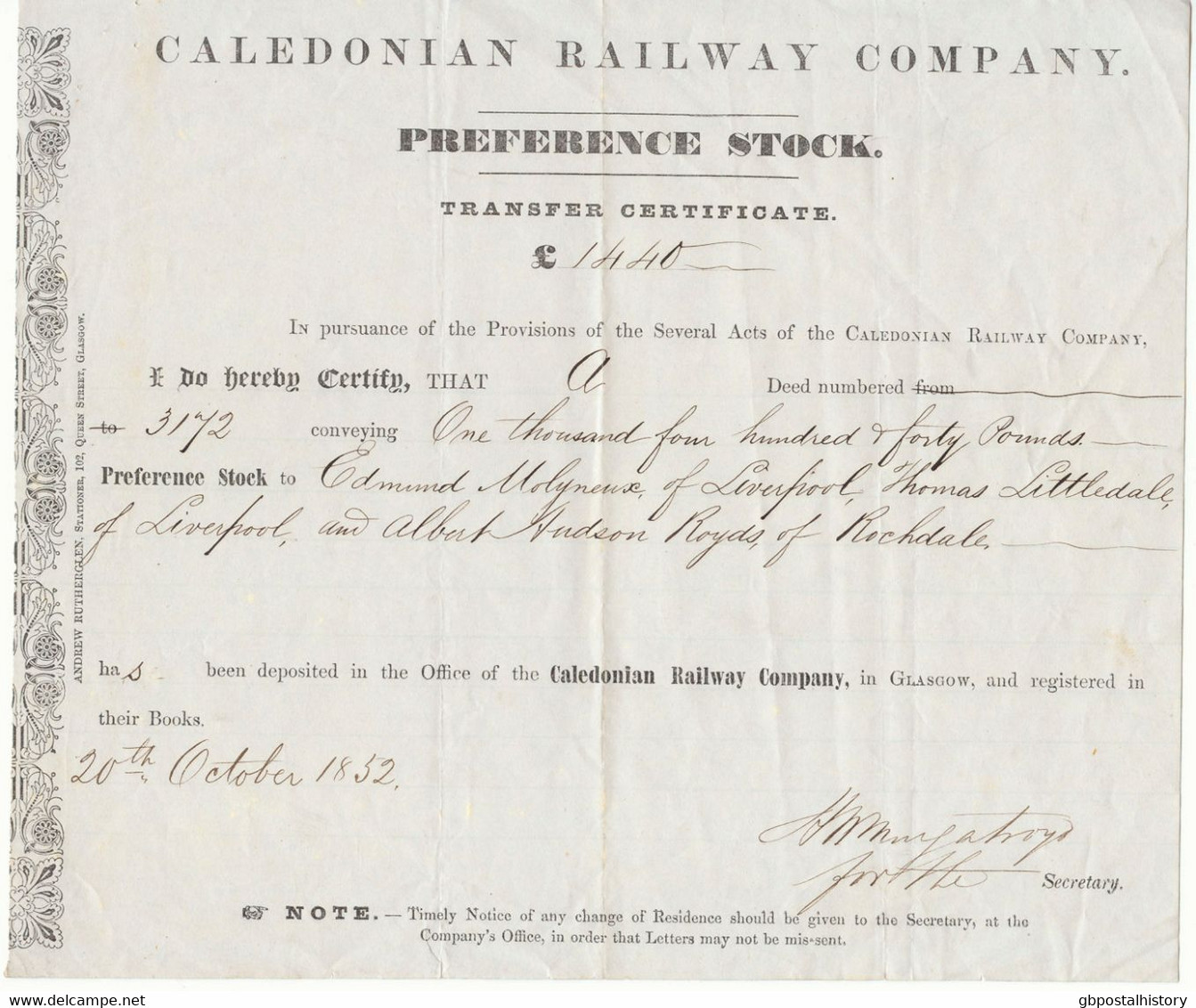 UNITED KINGDOM 1852 THE CALEDONIAN RAILWAY COMPANY Glasgow Certificate Over GBP 1.440.- - Transport