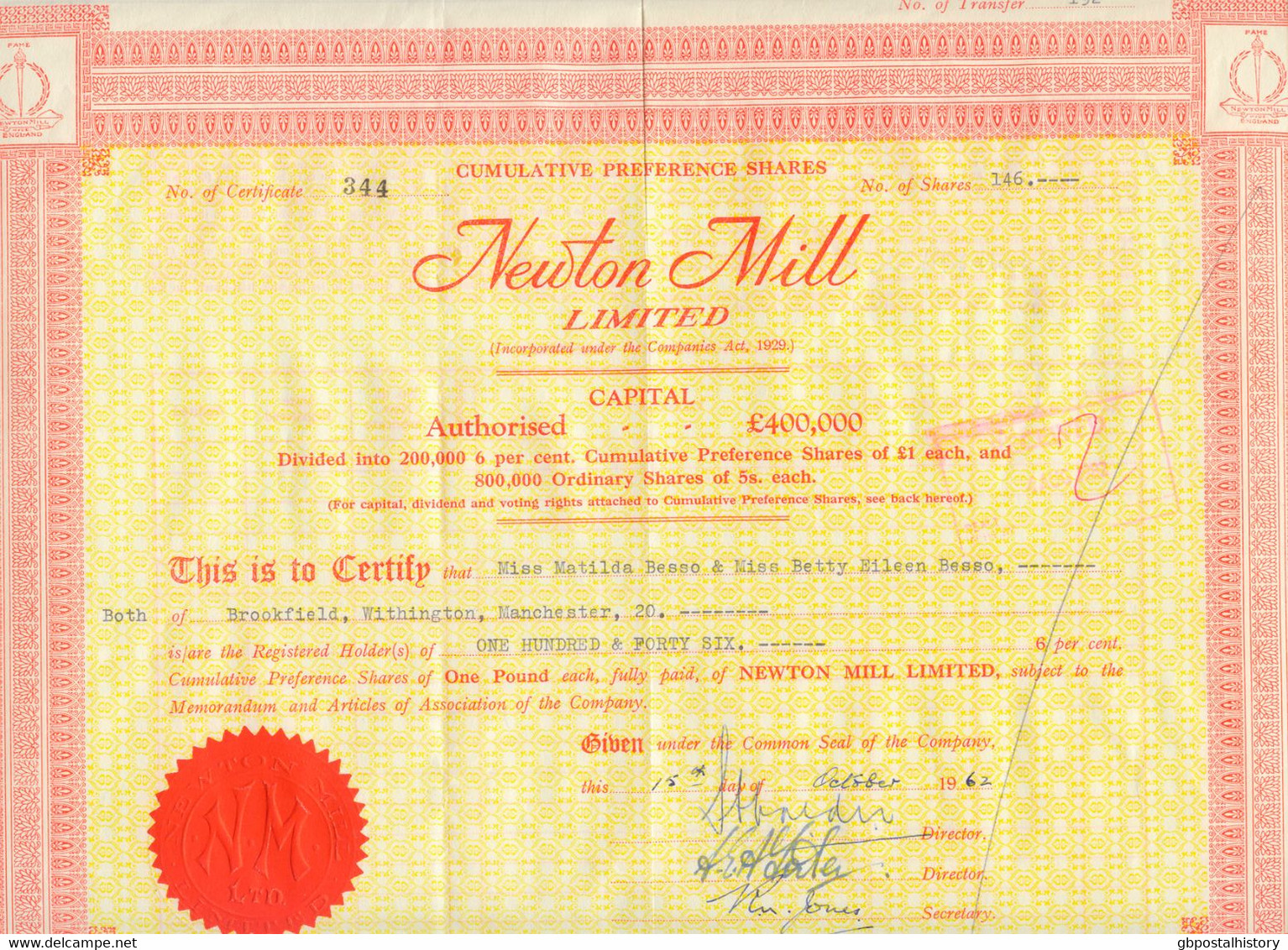 UNITED KINGDOM 1962, NEWTON MILL Ltd., London, Certificate Of 146 Preferred Shares, Each 1 Pound Sterling, very Fine - Agriculture
