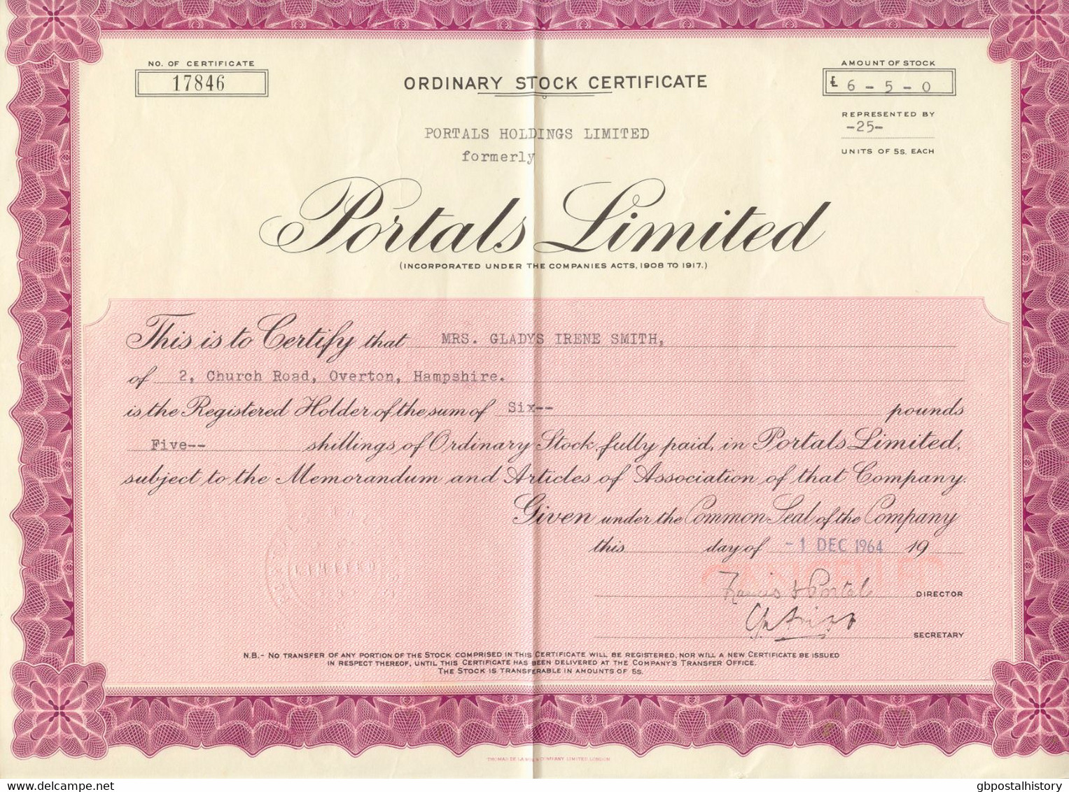 UNITED KINGDOM 1964, PORTALS HOLDING Ltd., Certificate Of 25 Common Shares Each 5 Shillings, - Autres & Non Classés