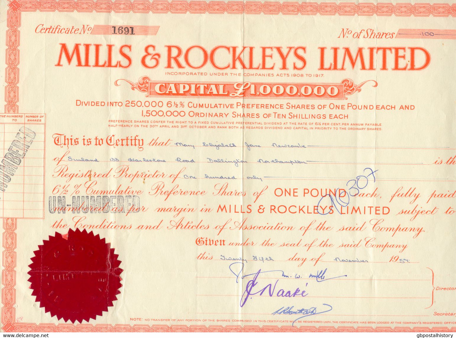 UNITED KINGDOM 1950, MILLS & ROCKLEYS Ltd.,  Certificate Of 100 Preferred Shares For 1 Pound Sterling, good Conservation - Industrie