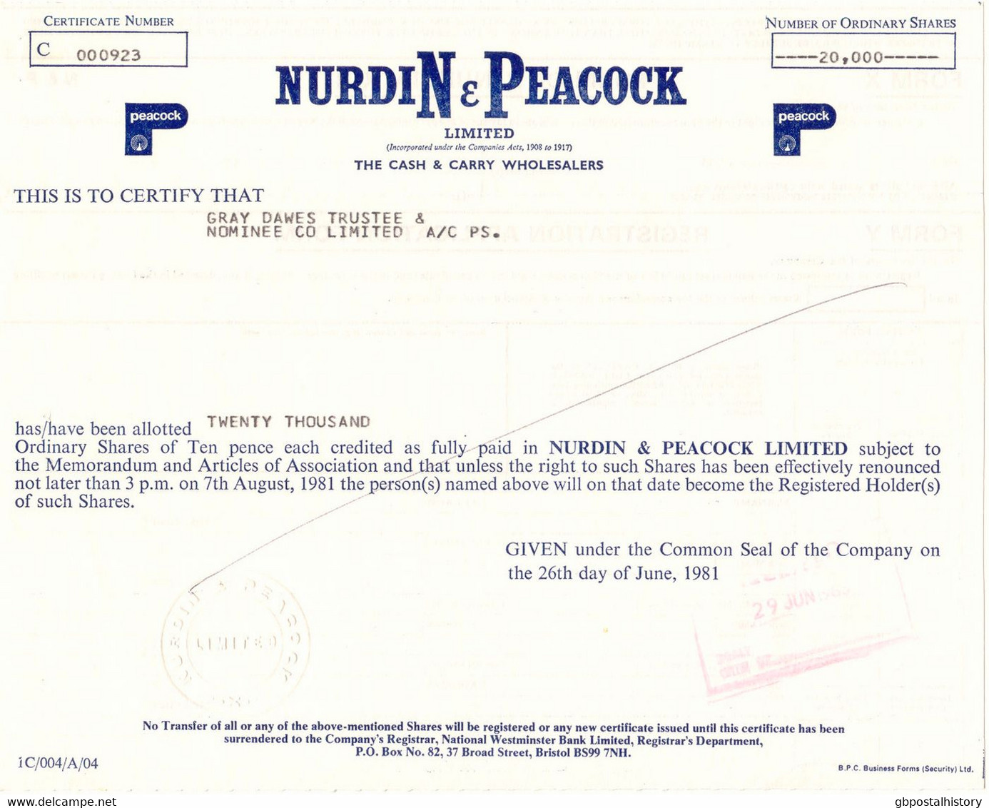 UNITED KINGDOM 1981, NURDIN & PEACOCK Ltd. - The Cash & Carry Wholesalers, Certificate Of 20,000 Common Shares Each 10 P - Autres & Non Classés