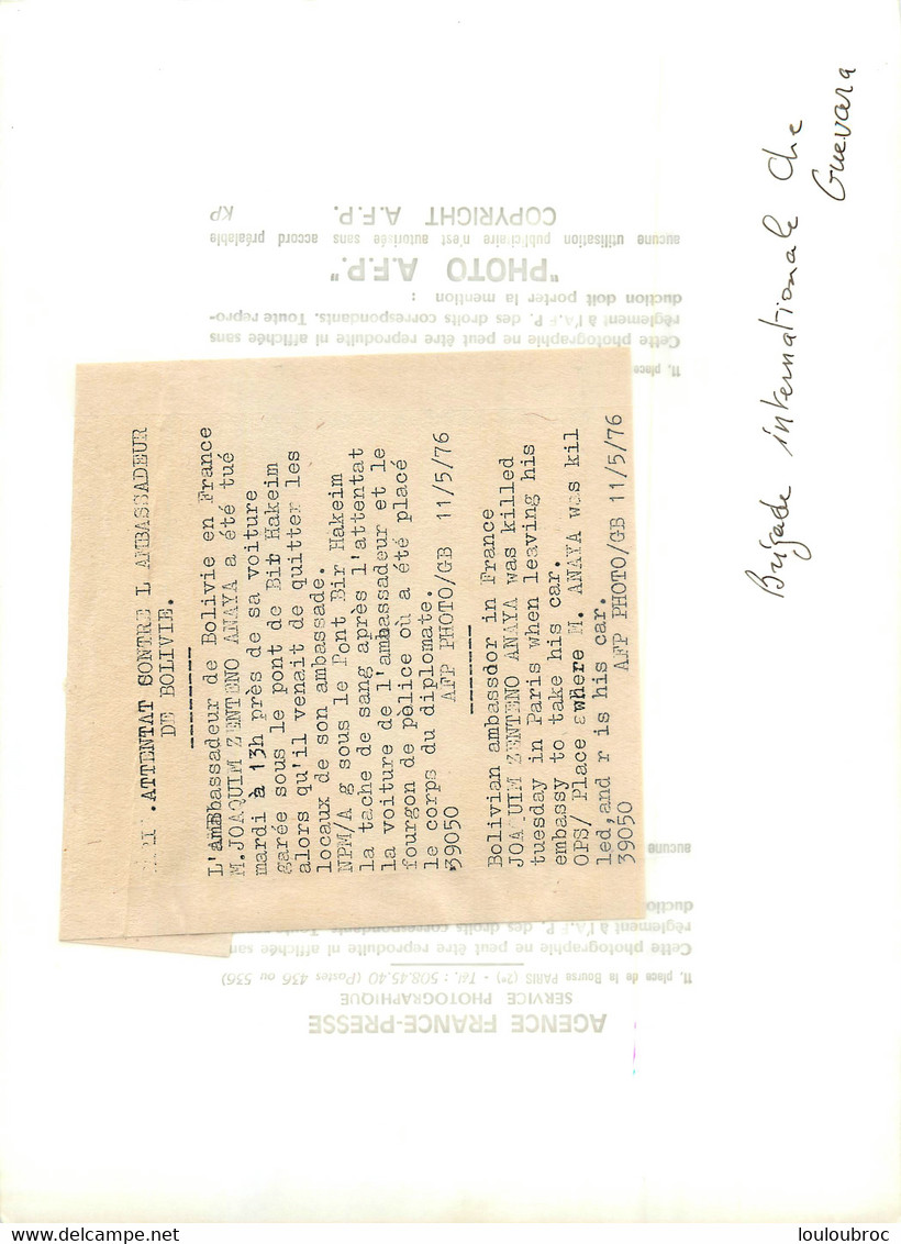 PHOTO DE PRESSE PARIS  ASSASSINAT AMBASSADEUR DE BOLIVIE JOAQUIM ZENTENO ANAYA 11/05/1976 REVENDIQUE BRIGADE CHE GUEVARA - Identified Persons