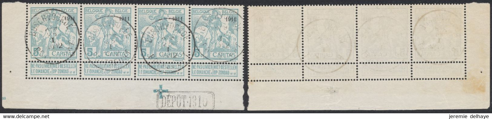 Caritas - N°96 En Bande De 4 Coin De Feuille + "dépôt 1910"  Obl Simple Cercle "Boschvoorde / Boistfort" - 1910-1911 Caritas