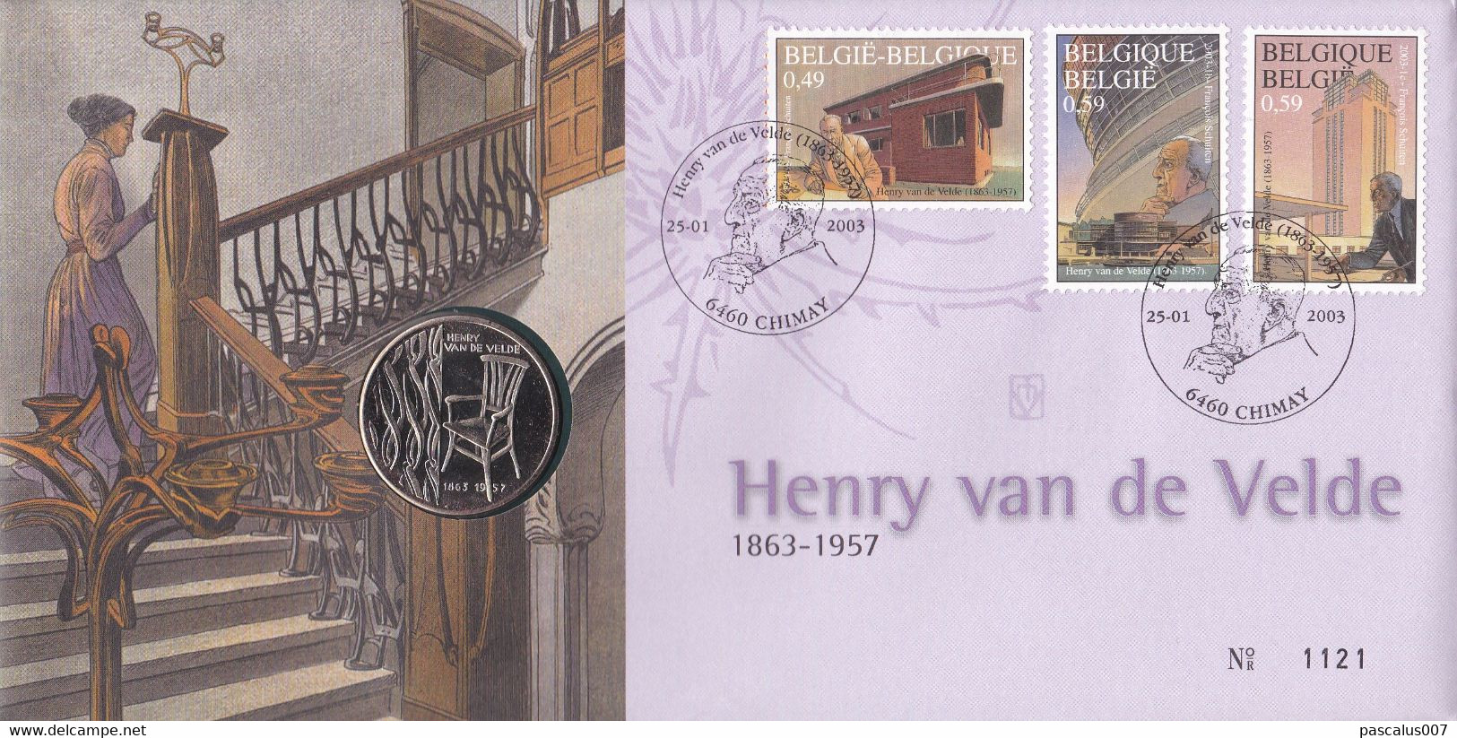 B01-306 Numisletter FDC 3146 3147 3148 BL101  Francois Schuiten Hommage Henry Van De Velde 25-01-2003 6460 Chimay - Numisletter