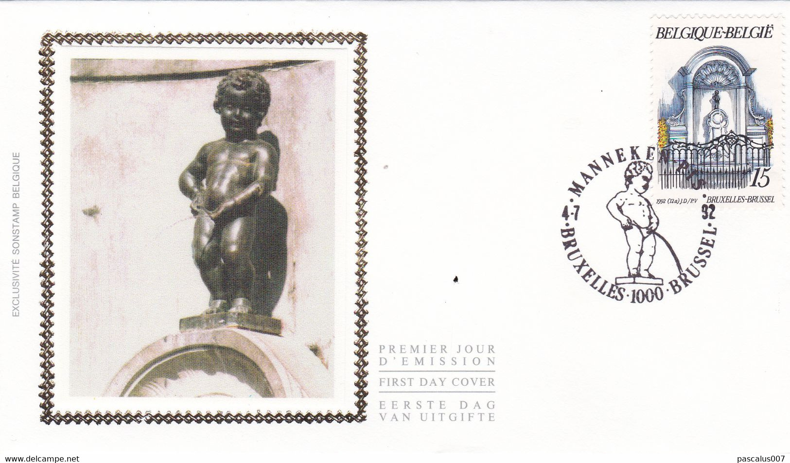 B01-306 Belgique 2468 FDC Soie Soizijde  Manneken Pis 04-07-1992 Bruxelles 1000 Brussel 1.95€ - 1991-2000