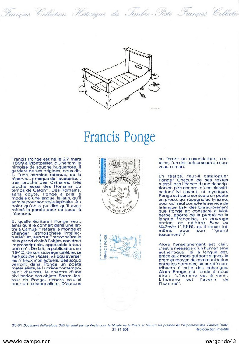 DOCUMENT FDC 1991 FRANCIS PONGE - Documenten Van De Post