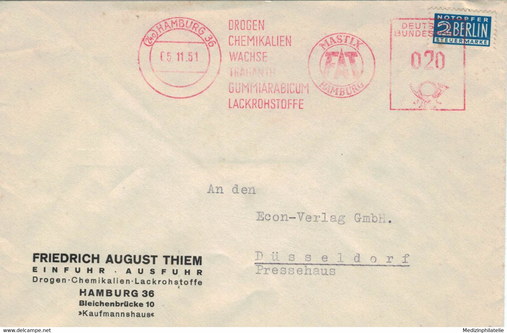 24a Hamburg Friedrich August Thiem Drogen Lackrohstoffe Chemikalien Wachse Traganth Gummiarabicum Mastix 1951 - Pharmacy