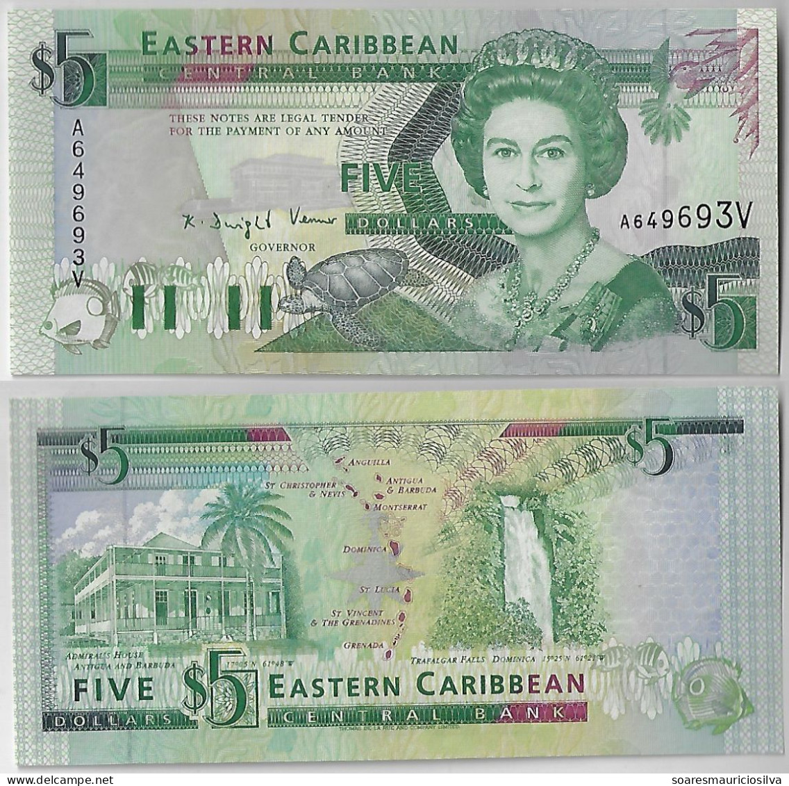 Banknote East Caribbean Saint Vincent 5 Dollars 1993 Pick-26v Queen Elizabeth II Uncirculated (catalog US$60) - East Carribeans