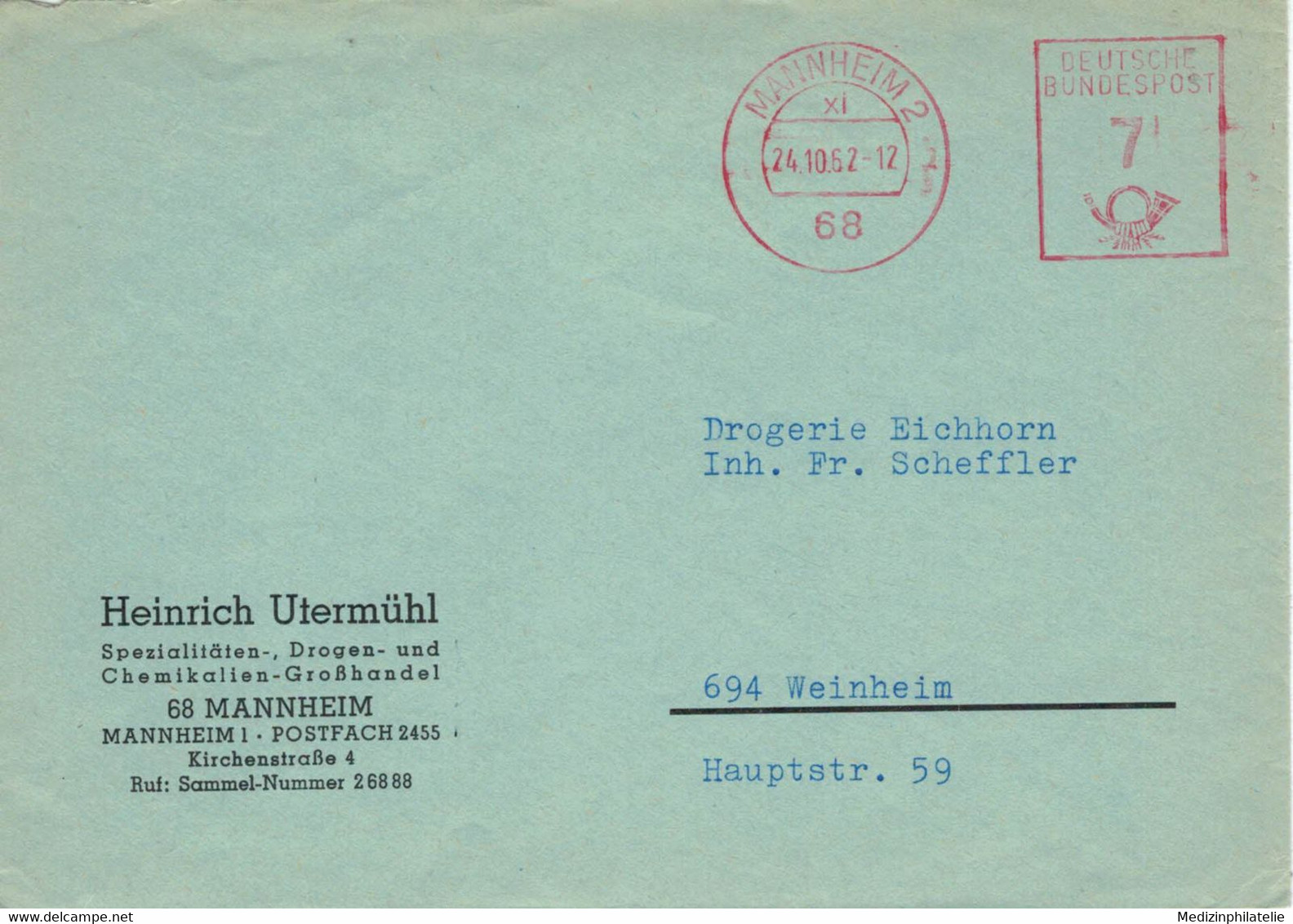 Heinrich Utermühl Drogen Mannheim 68 1952 > Weinheim - Pharmacy