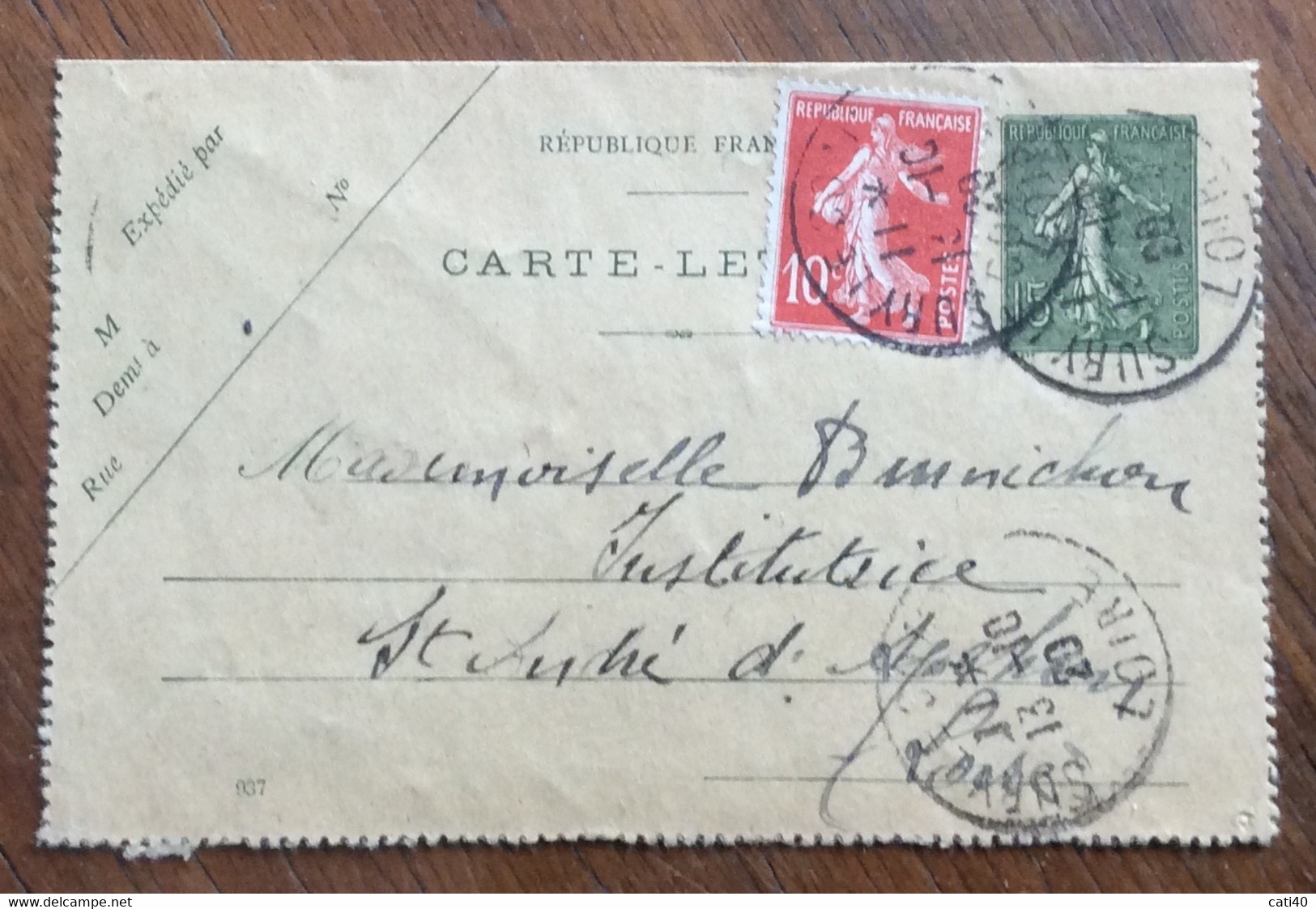 FRANCIA - BIGLIETTO POSTALE CARTE-LETTERE   15c.+10c. Da SURY LE COMTAL A S.ANDRE-D'APCHON IN DATA 14/10/1920 - 1930- ... Rouleaux II