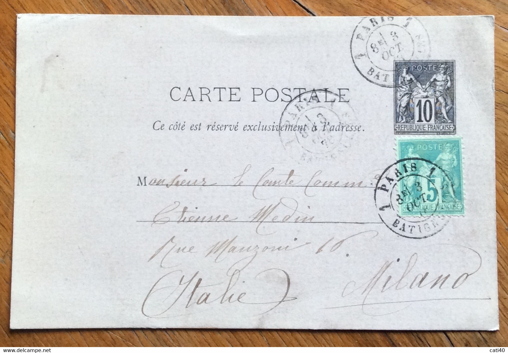 FRANCIA - CARTE POSTALE  10 C. + 5c. Da  PARIS 1  A MILANO ITALY IN DATA 3/10/78 - 1930- ... Franqueo II