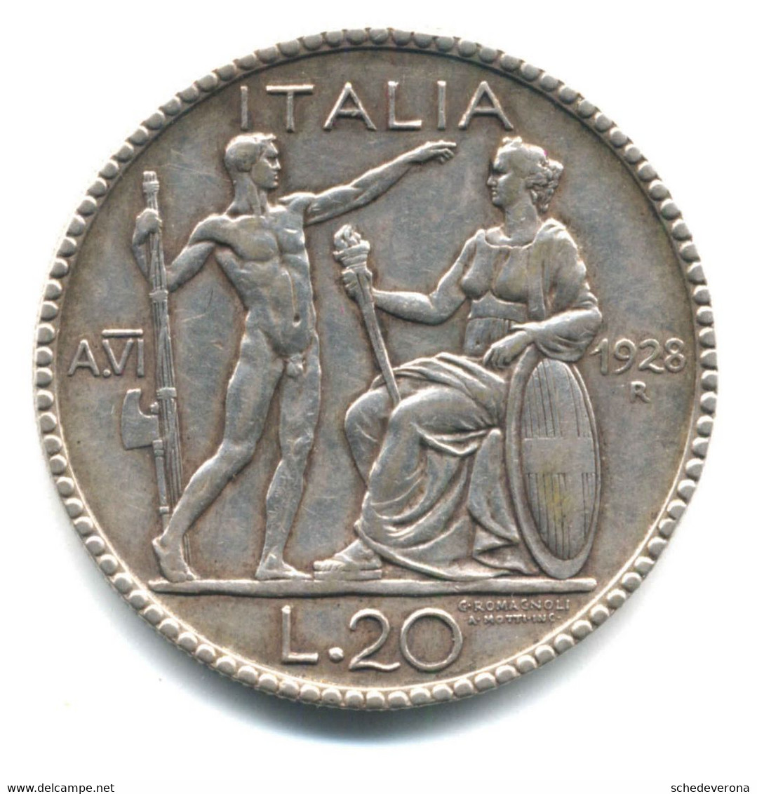 LITTORE 20 LIRE 1928 ITALIA REGNO GRANDE RARA MONETA ARGENTO - Other & Unclassified