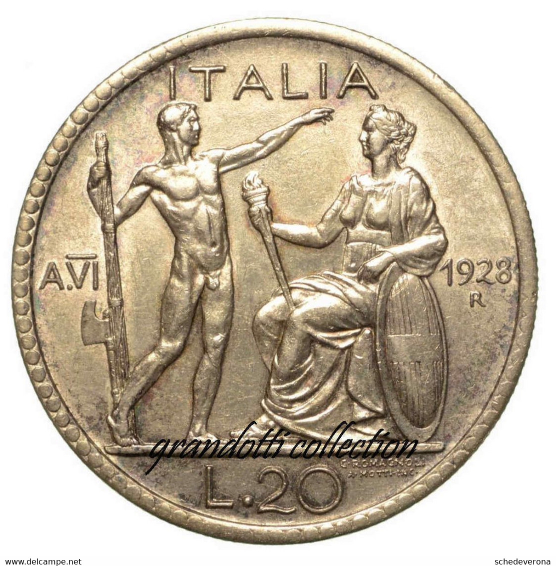 REGNO ITALIA 20 LIRE 1928 AN VI LITTORE ARGENTO MONETA VITTORIO EMANUELE III - Otros & Sin Clasificación