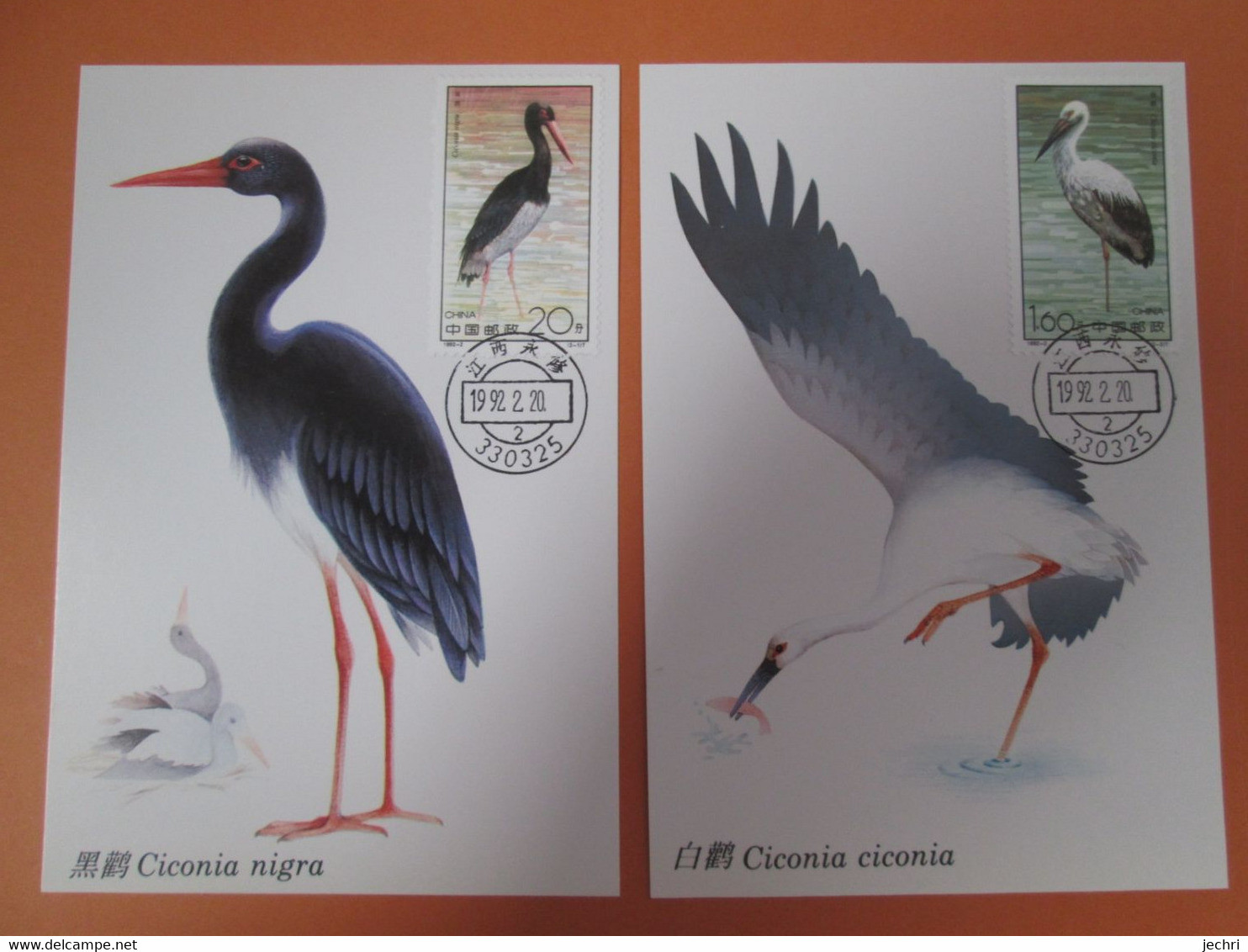 2 Cartes Maximum . Card De Chine 1992.  Ciconia . Cigogne - Oblitérés