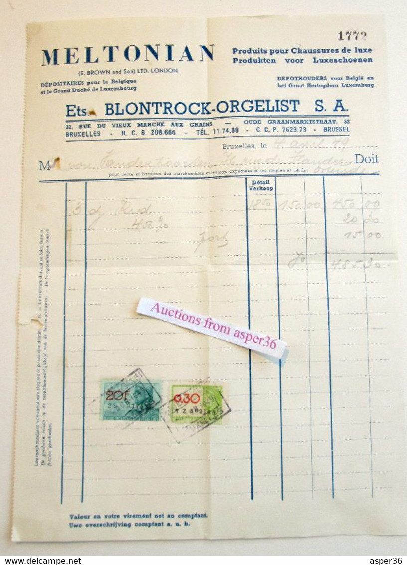 Produits Pour Chaussures Meltonian, Ets Blontrock-Orgelist, Rue Du Vieux Marché Aux Grains, Bruxelles 1949 - 1900 – 1949