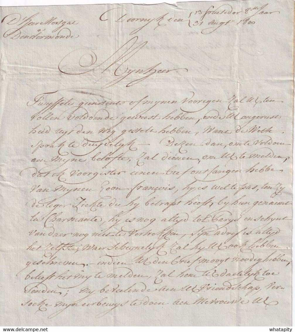 DDY 480 -  Petite Archive De 5 Lettres Précurseurs 86 TOURNAY En 1800/1801 Vers Mr Mortgat à TERMONDE - Textes FR Et NL - 1794-1814 (Periodo Francese)