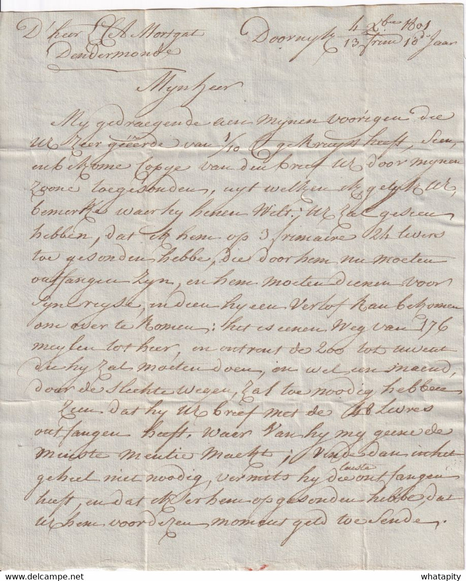 DDY 480 -  Petite archive de 5 lettres précurseurs 86 TOURNAY en 1800/1801 vers Mr Mortgat à TERMONDE - Textes FR et NL