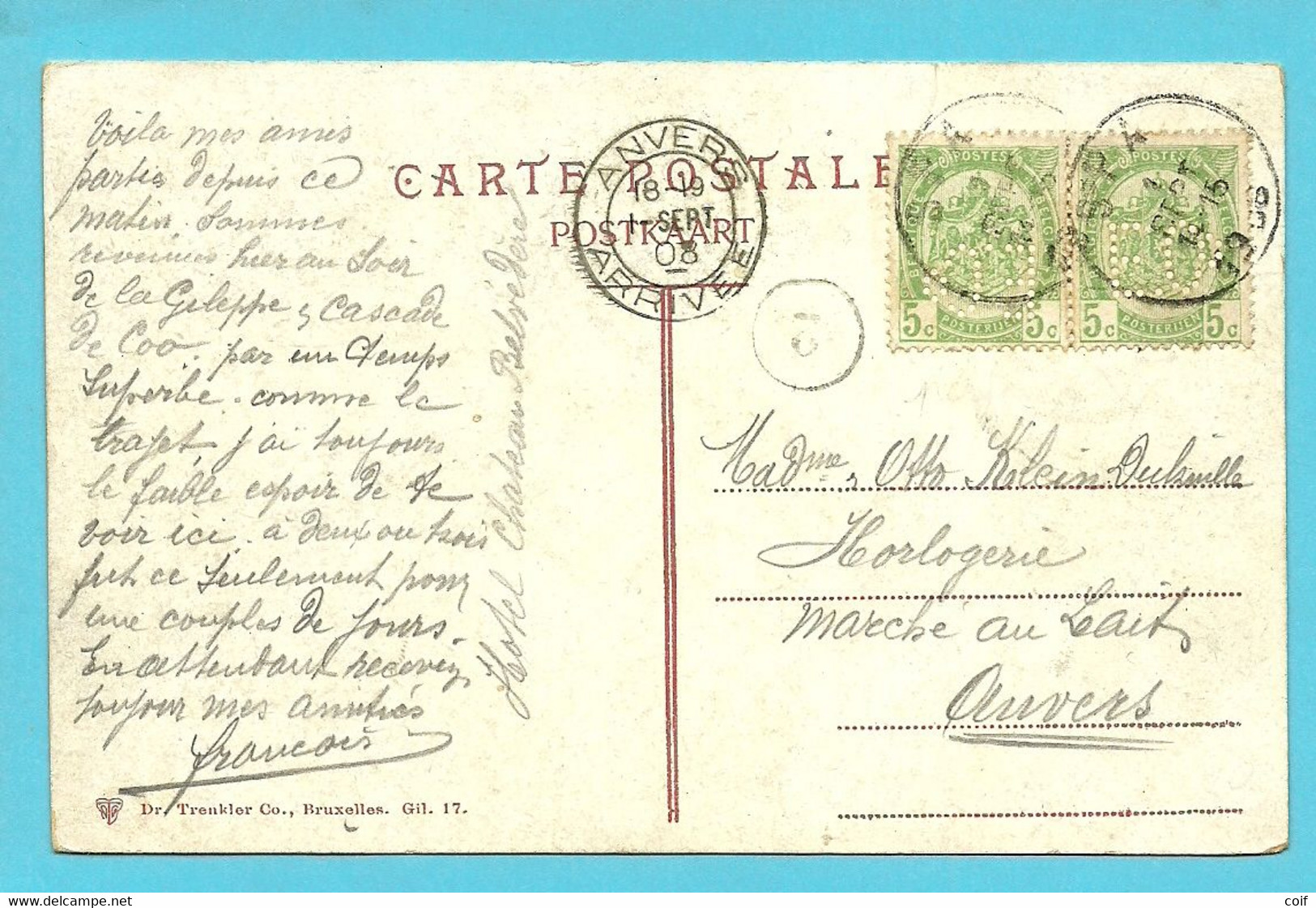 83 Op Kaart Stempel SPA , Met Firmaperforatie (perfin) " E.D. " - 1863-09