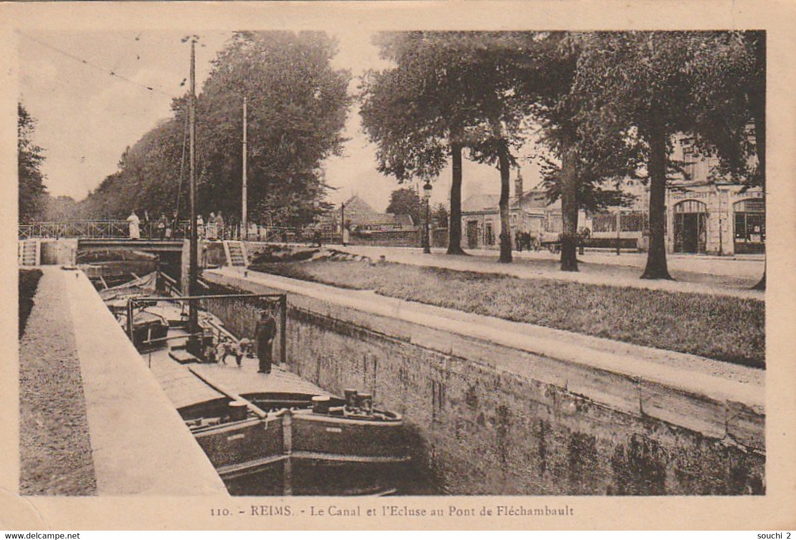 SO 16-(51) REIMS - LE CANAL ET L' ECLUSE AU PONT DE FLECHAMBAULT - PENICHE - 2 SCANS - Reims