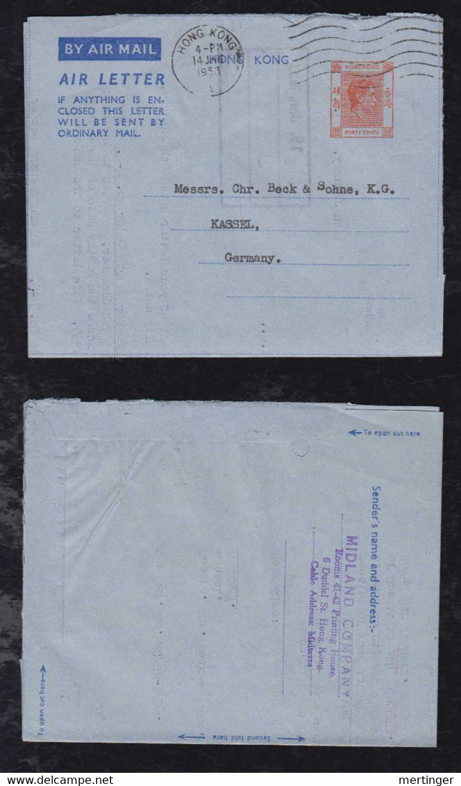 China Hong Kong 1953 Aerogramme Stationery Air Letter To KASSEL Germany - Cartas & Documentos