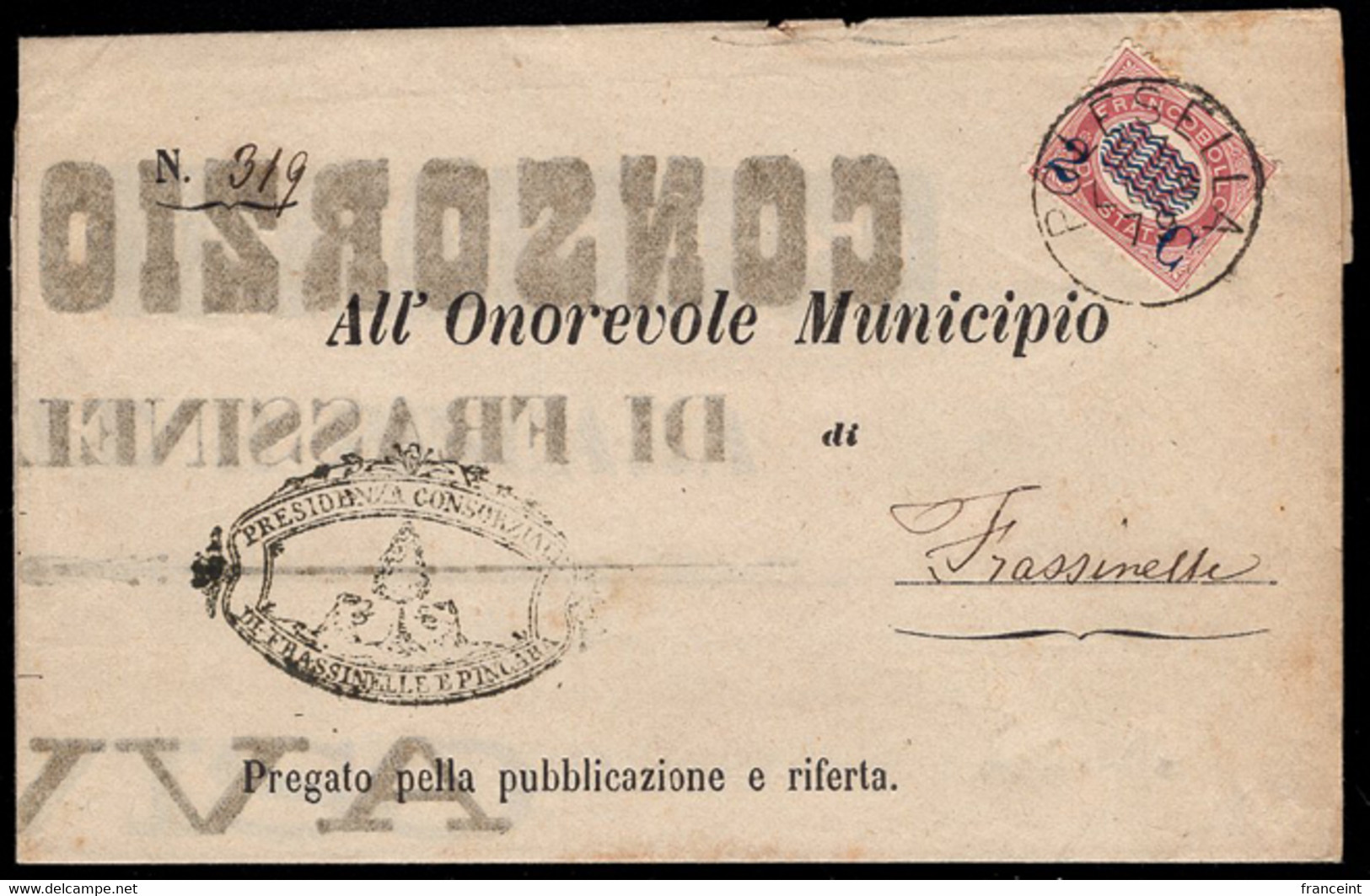 Italy (1870's) Legal Notice To Frassinelle Franked With 2C On .02 Francobollo Di Stato. Presidenza Consorziale Handstamp - Dienstzegels