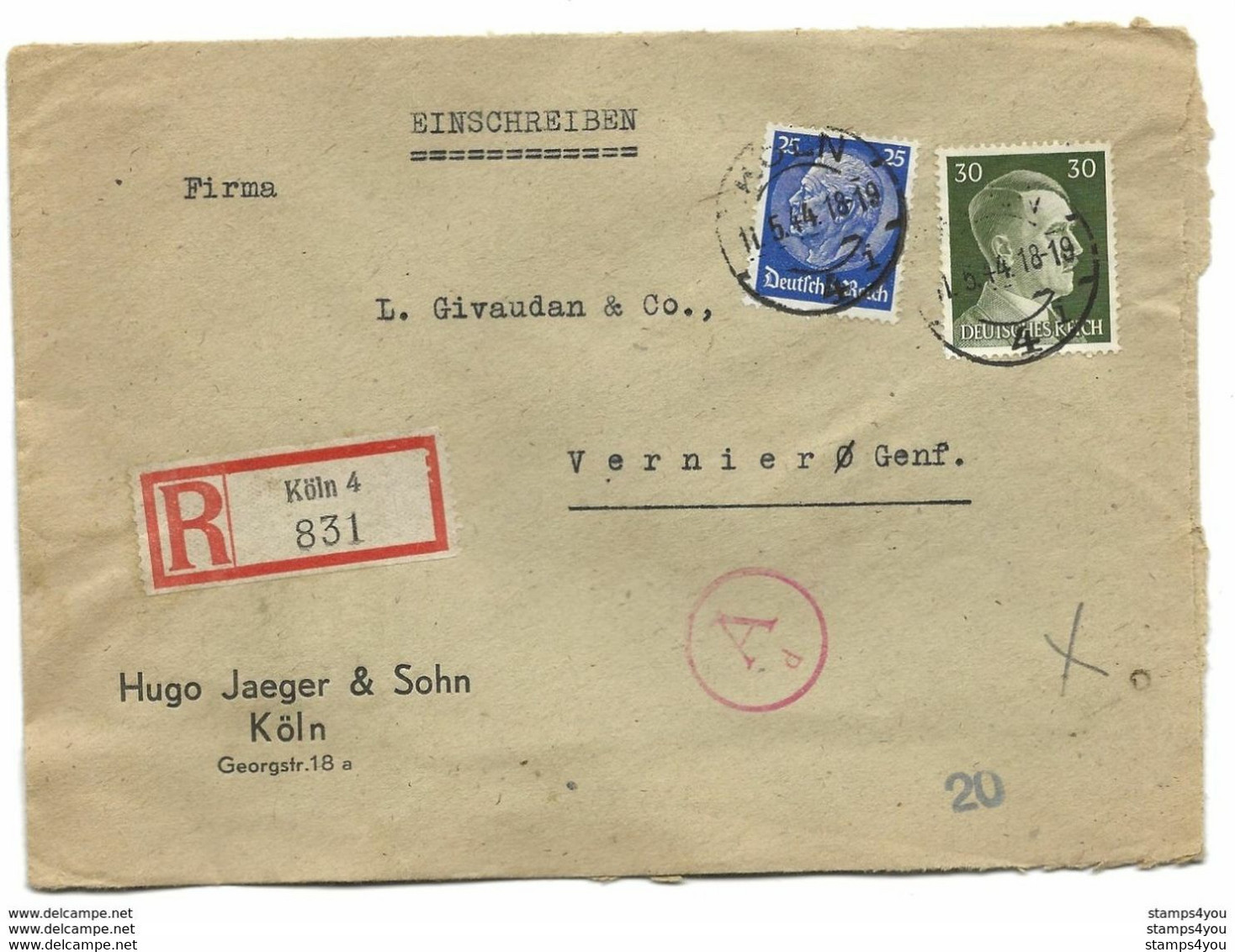 221 - 6 - Enveloppe Recommndée Envoyée De Köln En Suisse 1944 - Censure - WO2