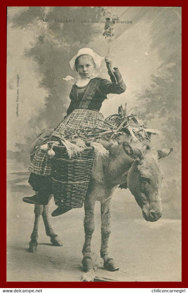 ELLIANT - En Route Pour Le Marché - Fillette Sur Dos D'Ane - Mule - Folklore - Collection VILLARD - 1906 - Elliant