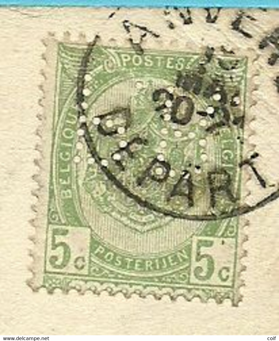 56 Op Kaart Stempel ANVERS , Met Firmaperforatie (perfin) " P.R. " - 1909-34