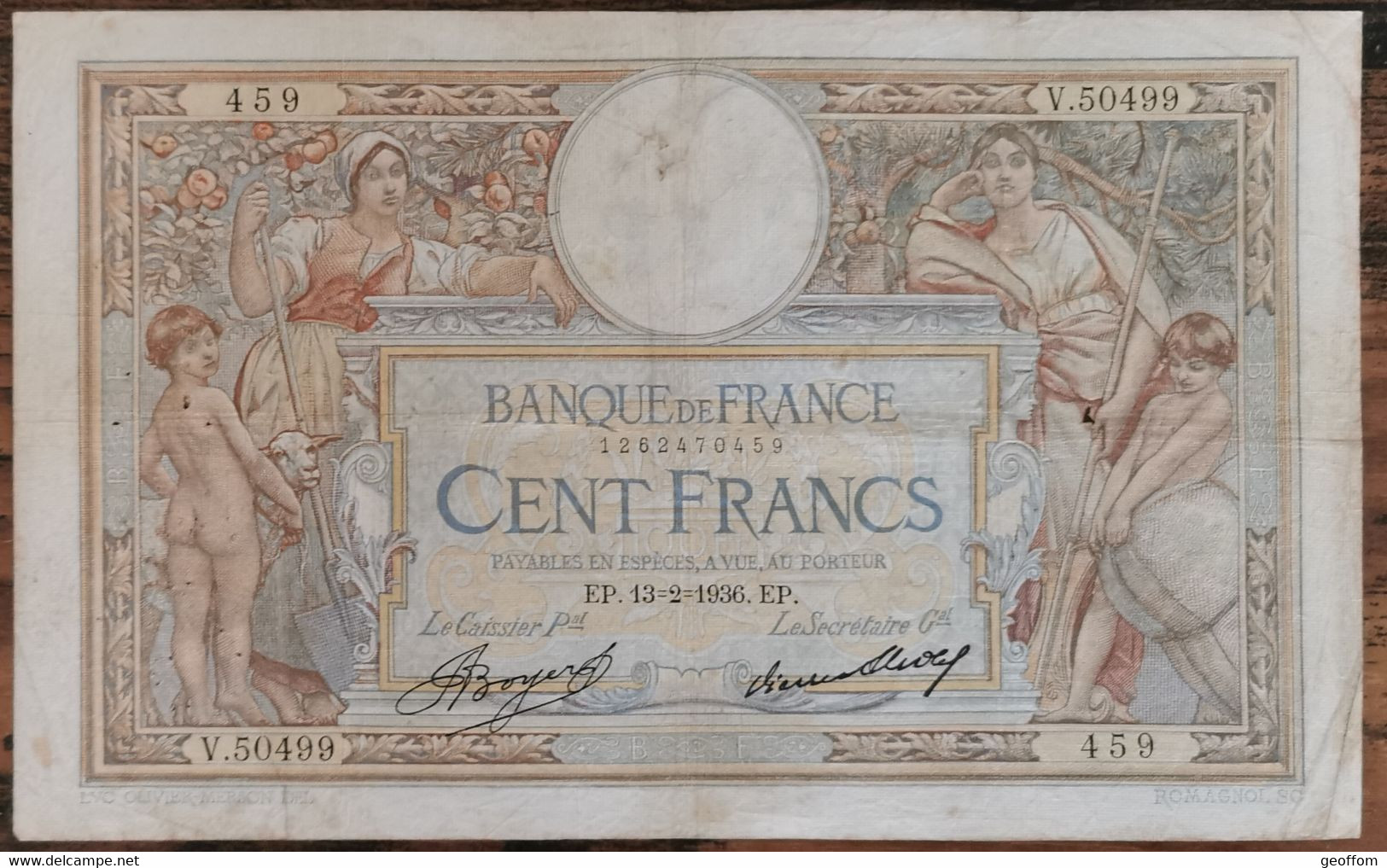 Billet 100 Francs LUC OLIVIER MERSON 13 = 2 = 1936 FRANCE  V.50499 - 100 F 1908-1939 ''Luc Olivier Merson''