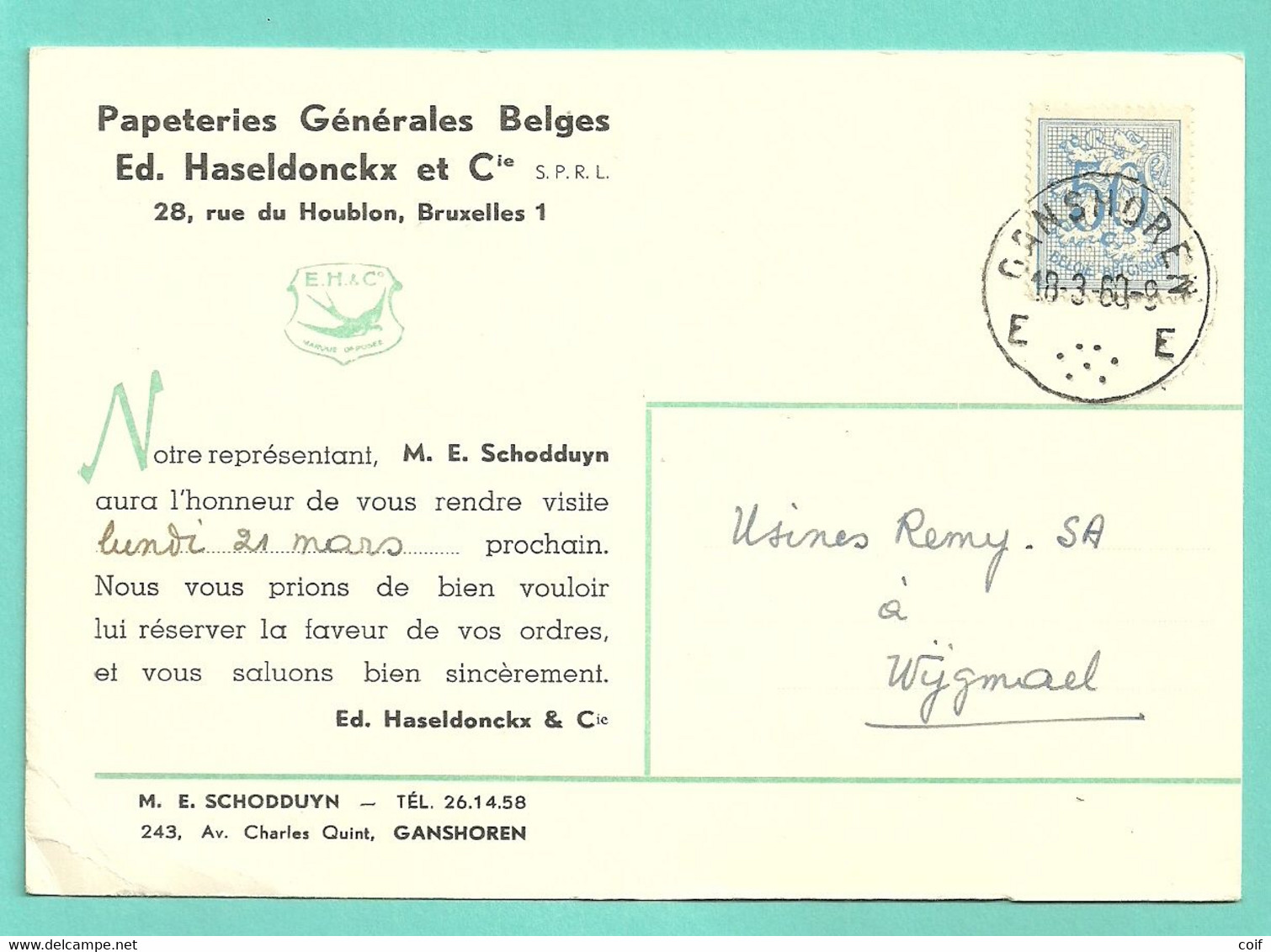 854 Op Kaart Stempel GANSHOREN, Met Firmaperforatie (perfin) " P.H.C." Van PAPETERIES HAESELDONCKX - 1951-..