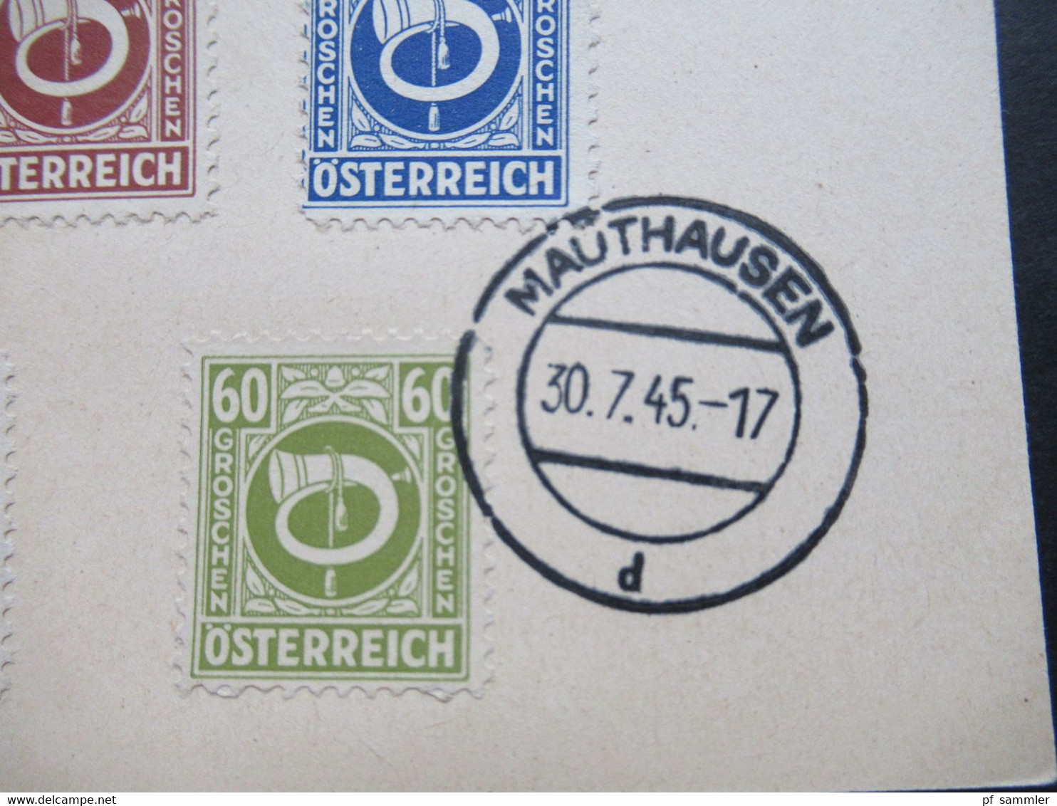 Österreich 30.7.1945 Gemeinschaftsausgabe Posthorn 11 Marken Auf Ehemaliger Feldpost PK Tagesstempel Mauthausen - Lettres & Documents