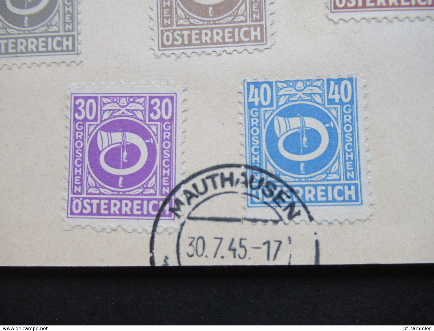 Österreich 30.7.1945 Gemeinschaftsausgabe Posthorn 11 Marken Auf Ehemaliger Feldpost PK Tagesstempel Mauthausen - Brieven En Documenten
