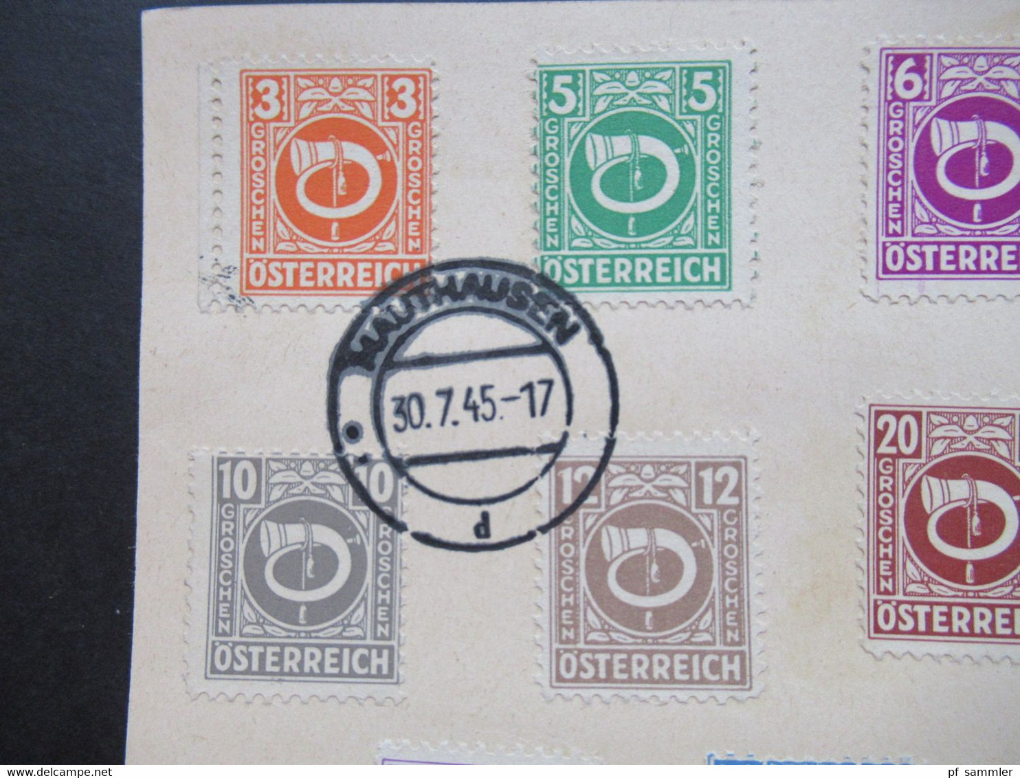 Österreich 30.7.1945 Gemeinschaftsausgabe Posthorn 11 Marken Auf Ehemaliger Feldpost PK Tagesstempel Mauthausen - Cartas & Documentos