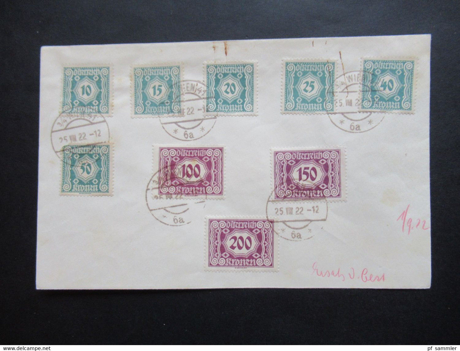 Österreich 1922 Portomarken Nr. 112 / 120 Blanko Beleg Mit Tagesstempel Wien 41 Sammlerbeleg - Impuestos
