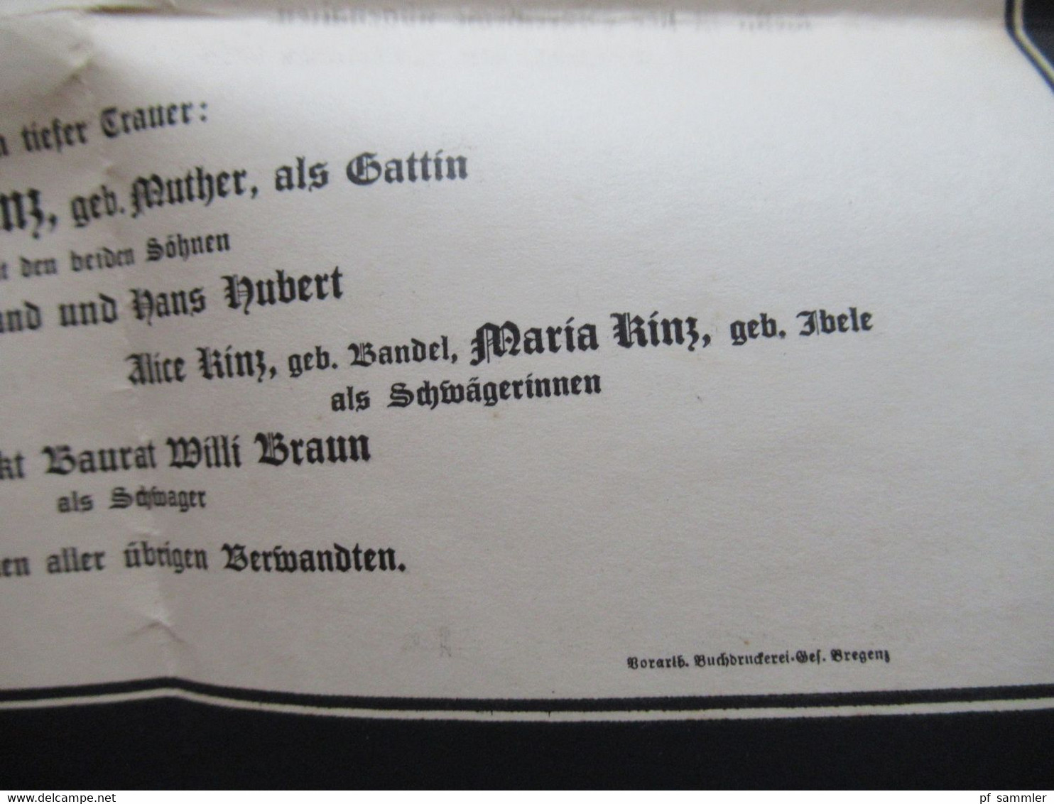 Österreich 1935 Bregenz Todesanzeige vom Altbürgermeister von Bregenz (1906 -1929) Ferdinand Kinz nach Tutzing gesendet