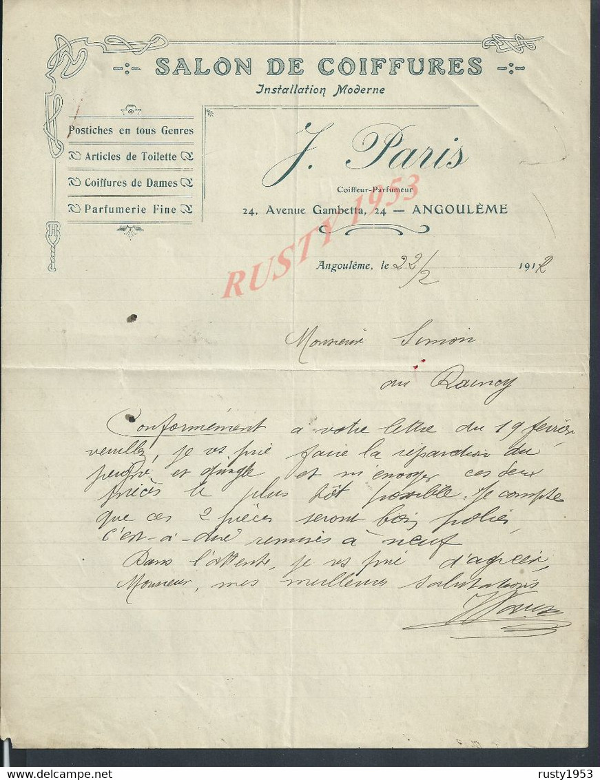 LETTRE COMMERCIALE DE 1912 J PARIS SALON DE COIFFURES POSTICHES PARFUMERIE À ANGOULÊME : - Droguerie & Parfumerie