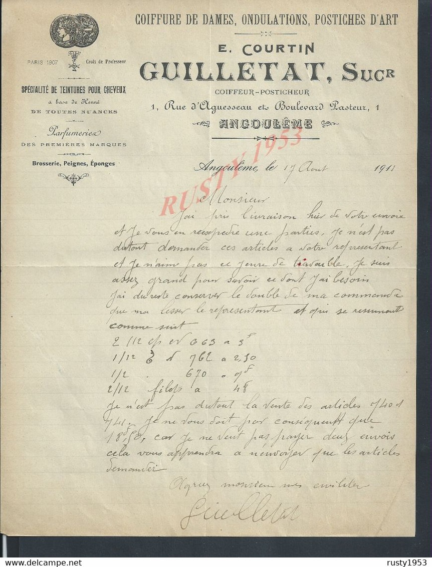 LETTRE COMMERCIALE ILLUSTREE DE 1911 E COURTIN GUILLETAT COIFFURE DE DAMES ONDULATIONS POSTICHES PARFUMERIE À ANGOULÊME - Droguerie & Parfumerie