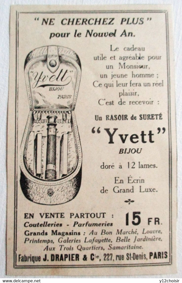 PUB 1914 RASOIR DE SURETE YVETT BIJOU DORE A 12 LAMES J. DRAPIER PARIS - Accessoires