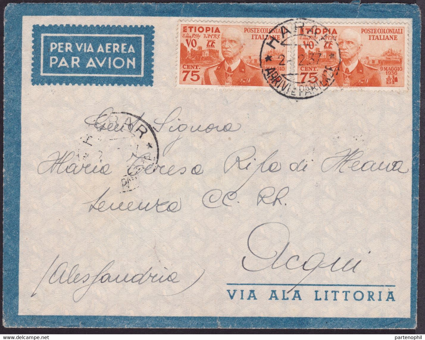 Colonie Italiane  - 346 *  Lettera Di Posta Aerea 2.2.37 Da Harar Diretta Ad Acqui Affrancata Con Etiopia Cent. 75 X2. A - Aethiopien