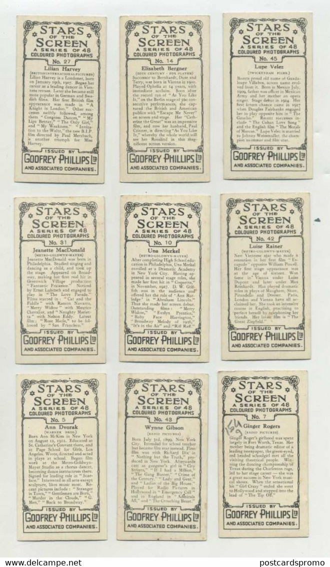 9 Vintage Cigarette Cards, Cinema, Stars On The Screen , Godfrey Phillips (2 Scans) - 154 - Phillips / BDV