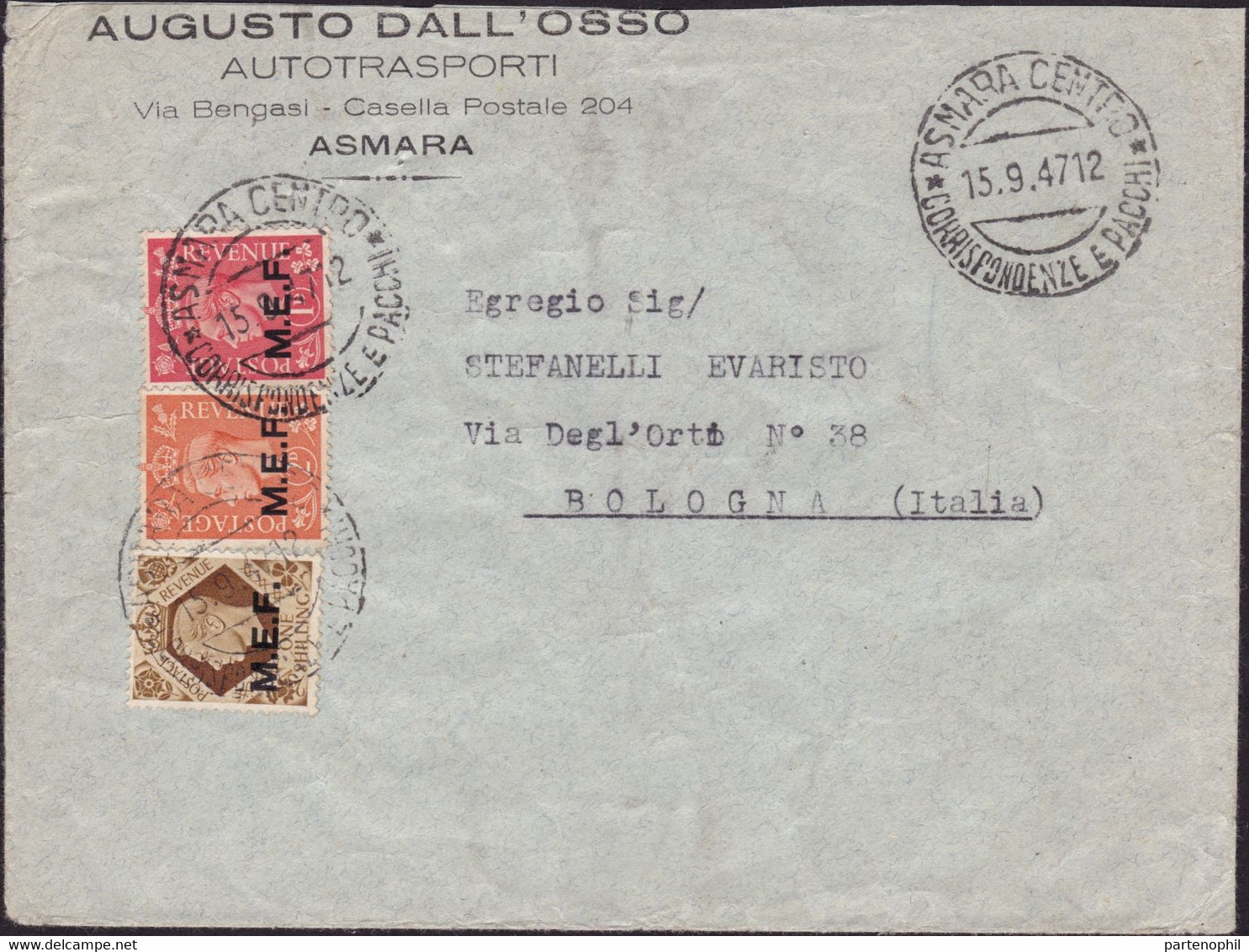 442 * Lettera Di Posta Aerea Da Asmara Del 15.9.47 Per Bologna, Affrancata Con M.E.F. P. 1 + 2 + S. 1. Bella Tricolore, - Occ. Britanique MEF