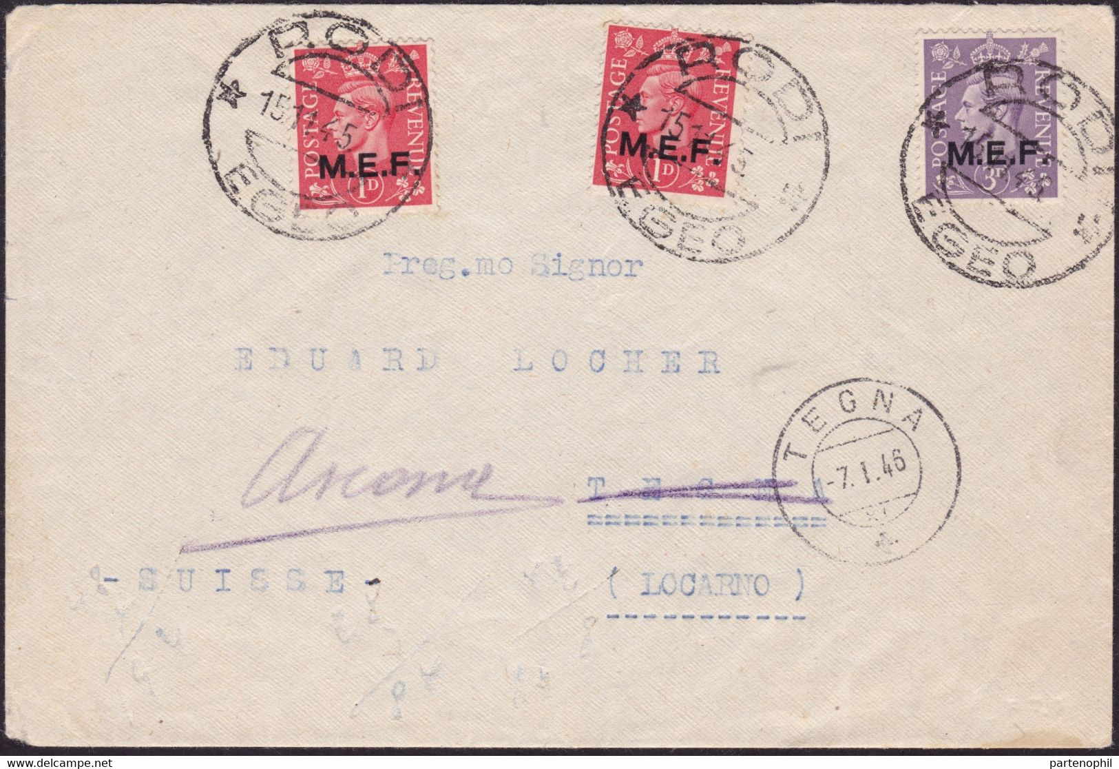 443 * Lettera Da Rodi Del 15.11.45 Diretta In Svizzera, Affrancata Con M.E.F. P. 1 X2 + 3. Al Verso Transito Alessandria - Britische Bes. MeF