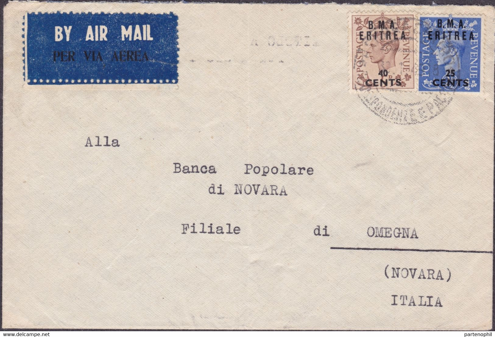 445 * Lettera Di Posta Aerea Diretta Da Asmara Per Novara, Affrancata Con B.M.A. Eritrea 25 C. Su 2½ Oltremare + 40 C. S - Britische Bes. MeF