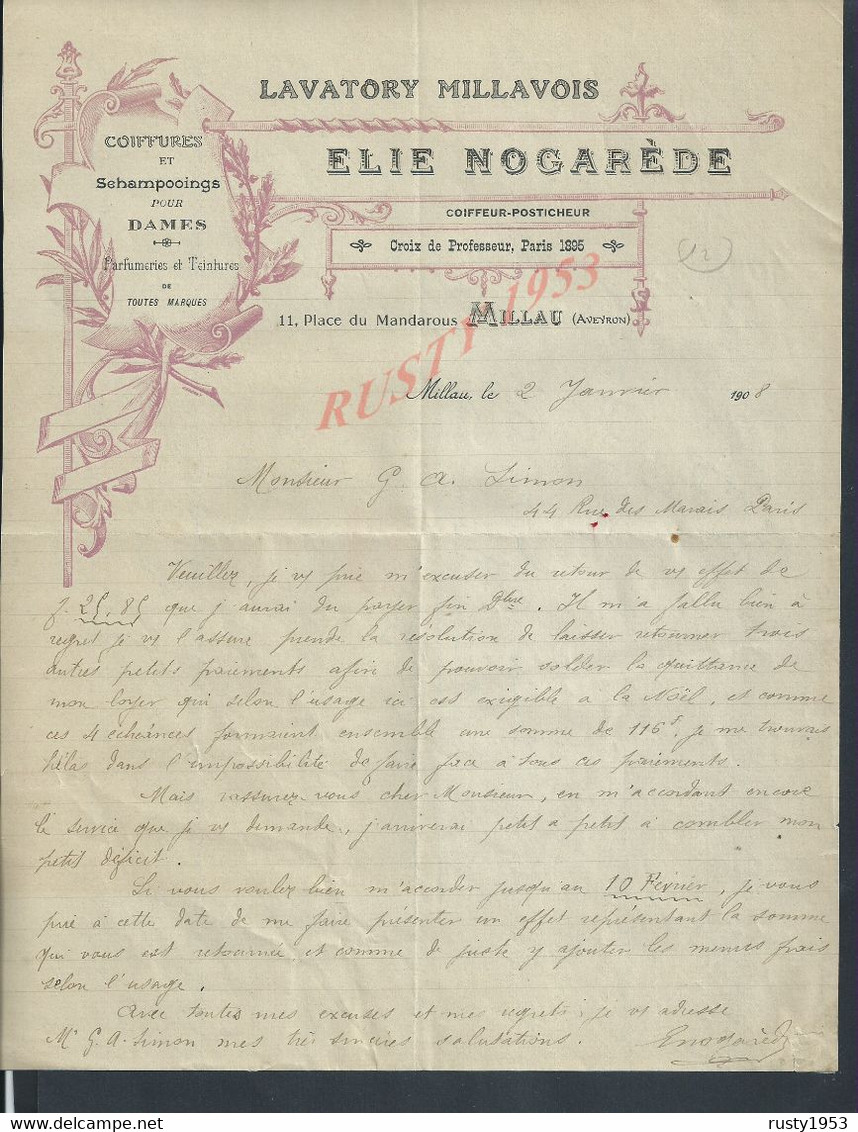 LETTRE COMMERCIALE DE 1908 ELIE NOGAREDE COIFFURES PARFUMERIES ECT À MILLAU : - Droguerie & Parfumerie